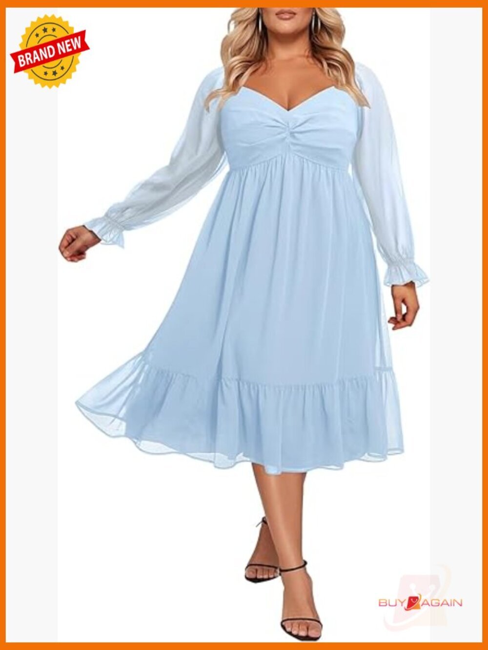 Plus Size Chiffon Midi Dress Sweetheart Neckline Long Sleeve A-Line